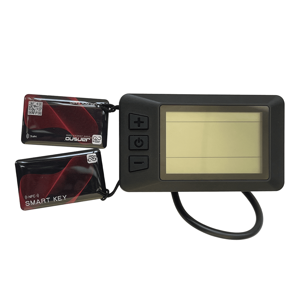 展现Jansno X50/X70/X90电动自行车的NFC解锁显示屏,配备便捷的电子锁功能。